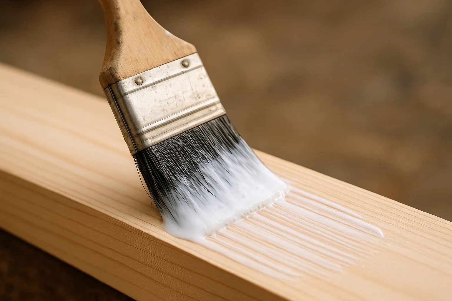 A brush coated with adhesive is being applied to a wooden surface. Properly storing different solvent-based adhesives ensures their effectiveness and longevity