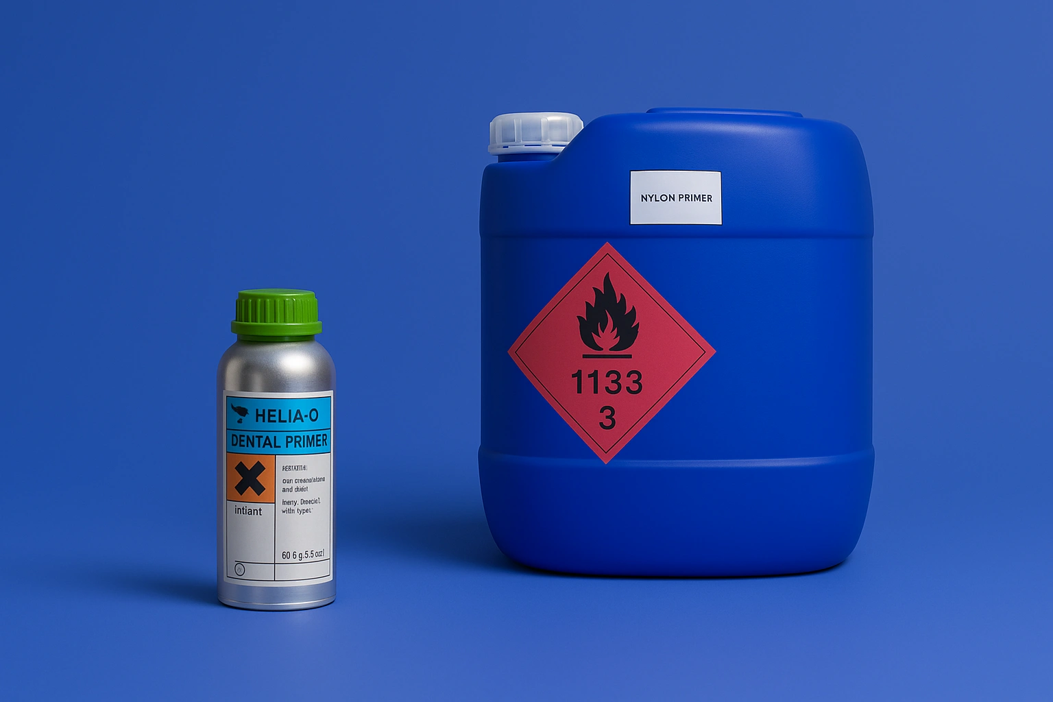 Image showing two separated containers labeled as hardeners and primer against a blue gradient background.