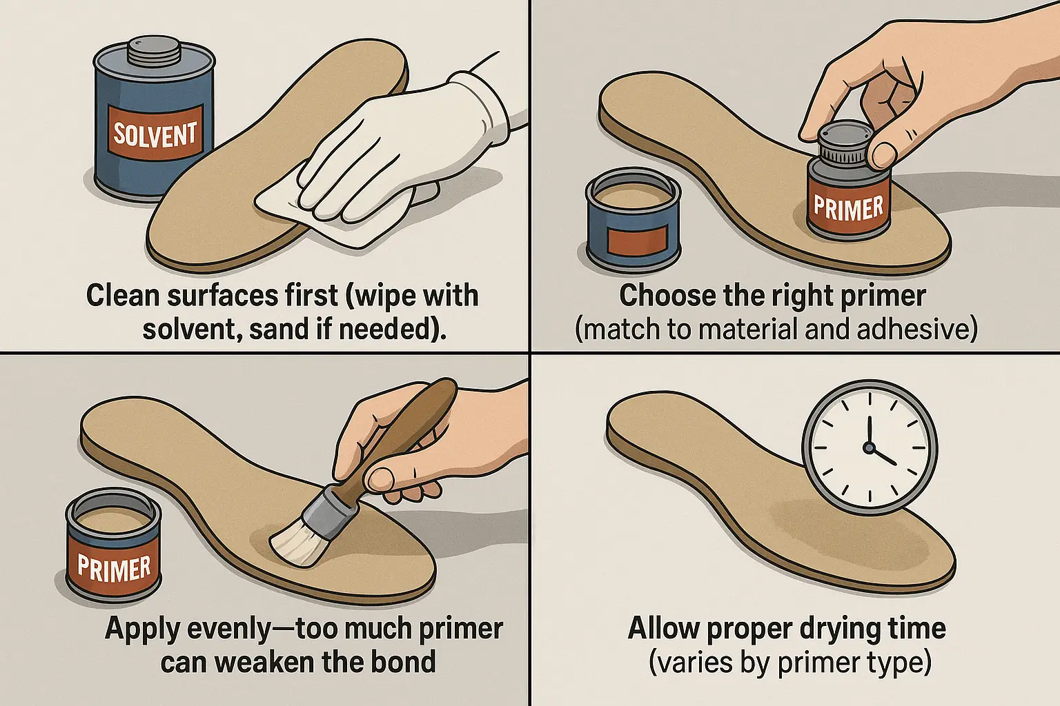 Improving the bond strength in shoemaking by cleaning, priming, and allowing proper drying time for optimal adhesion.