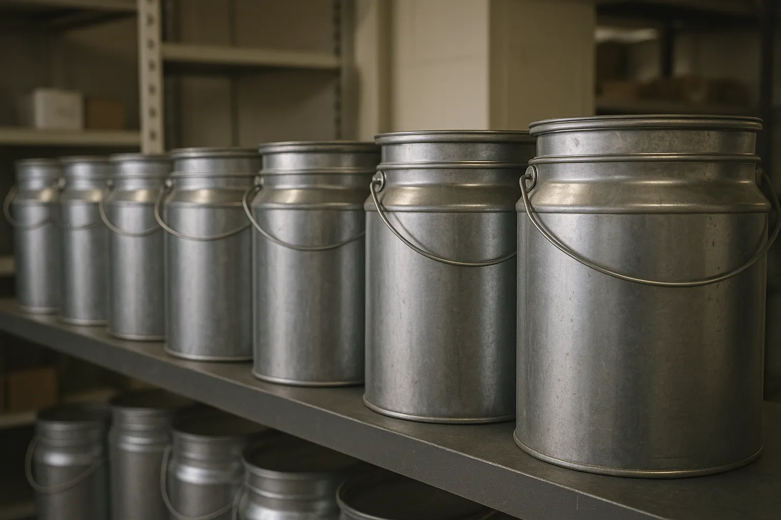 Metal cans neatly arranged on a shelf in a storage room, ideal for storing different solvent-based adhesives.