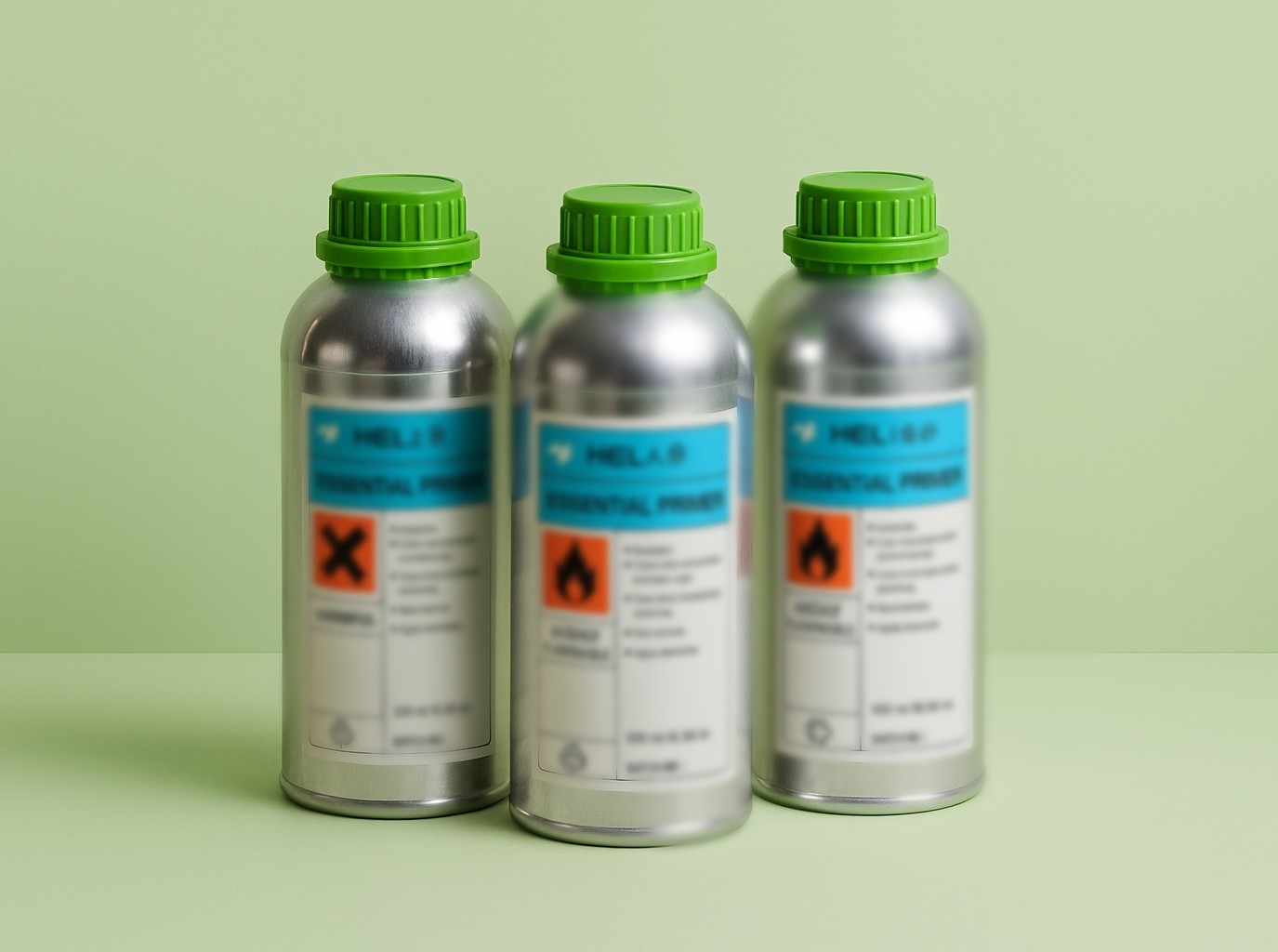 Three footwear adhesive hardener bottles with hazard labels are shown.