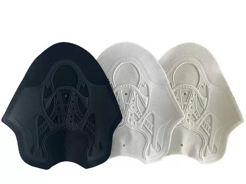 Three woven shoe uppers in black and white, each with detailed texture patterns, illustrating different material options for adhesive selection.
