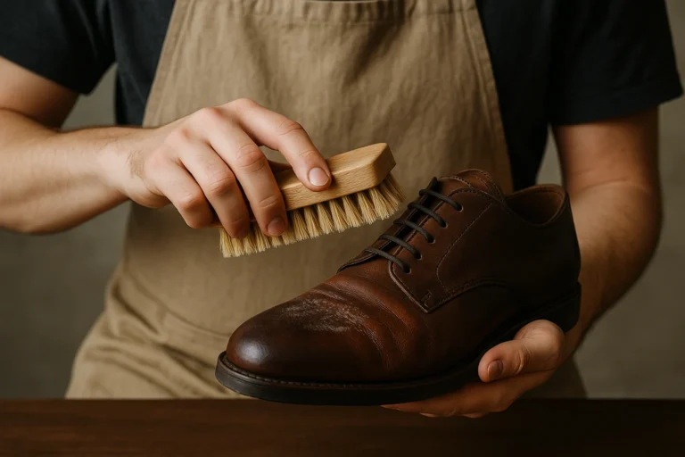 A cleaner for shoe manufacturing is gently brushing the surface of a leather shoe with a wooden brush, focusing on maintaining the shoe's quality and appearance.