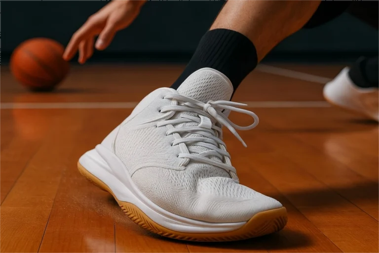 A close-up of a basketball shoe illustrates how grafted adhesive improves footwear performance and durability.