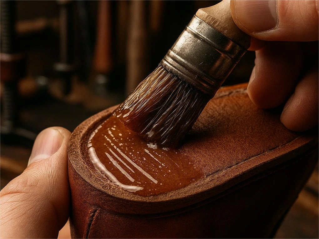A close-up of a hand applying adhesive for leather with a brush to the rough surface of a leather shoe insole.