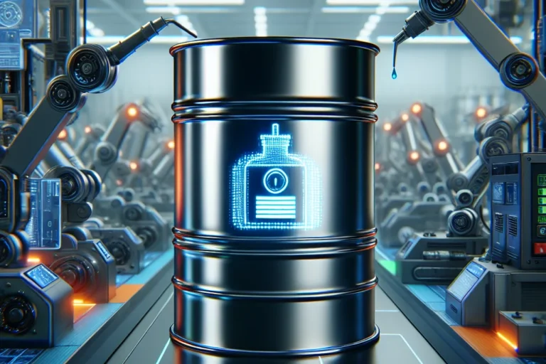 A futuristic scene with a robotic arm in a high-tech factory, featuring a barrel with a digital label representing the 2026-2030 trends in adhesive technology.