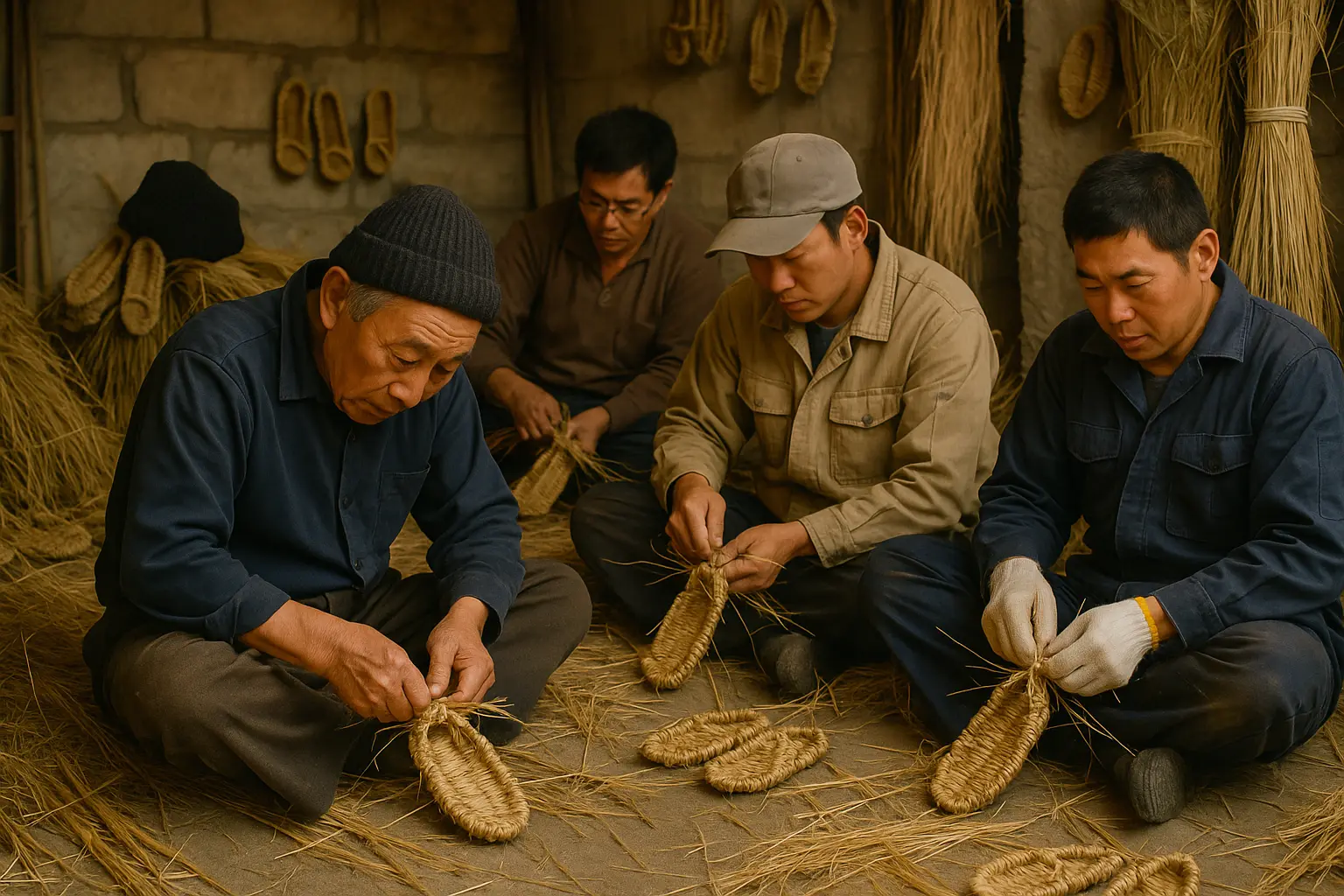 A group of individuals weaving shoes from straw, demonstrating traditional craftsmanship and offering a glimpse into the history of shoe adhesive