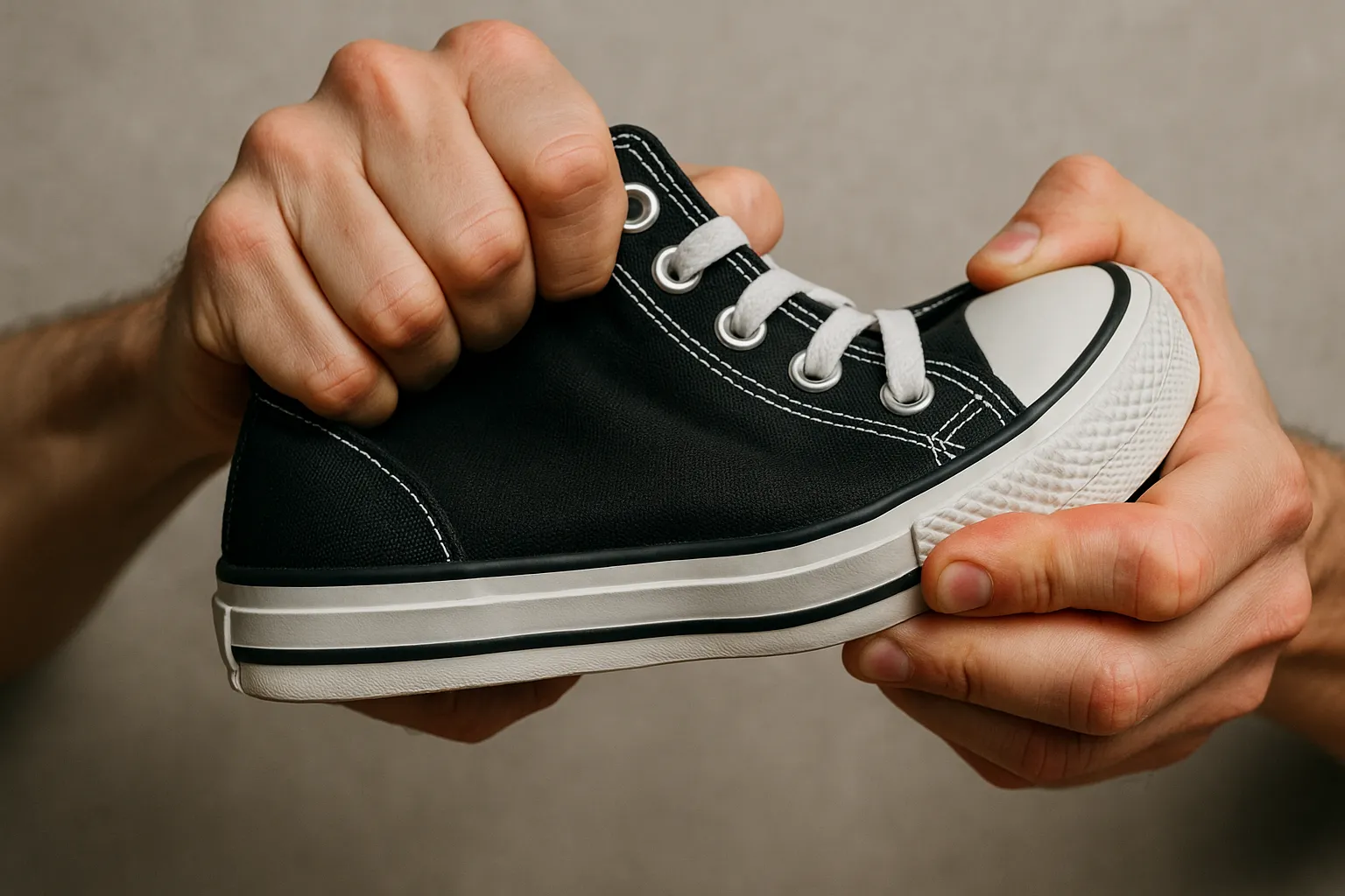 A person squeezes a black sneaker, demonstrating how grafted adhesive enhances material durability and flexibility.