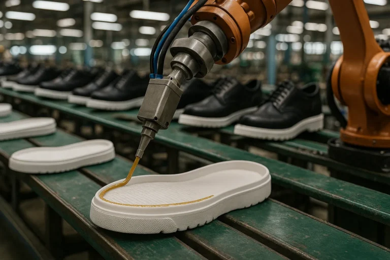 A robotic arm applies Speed Up Shoe Adhesive to a shoe sole in a production line, demonstrating automation in shoe manufacturing.