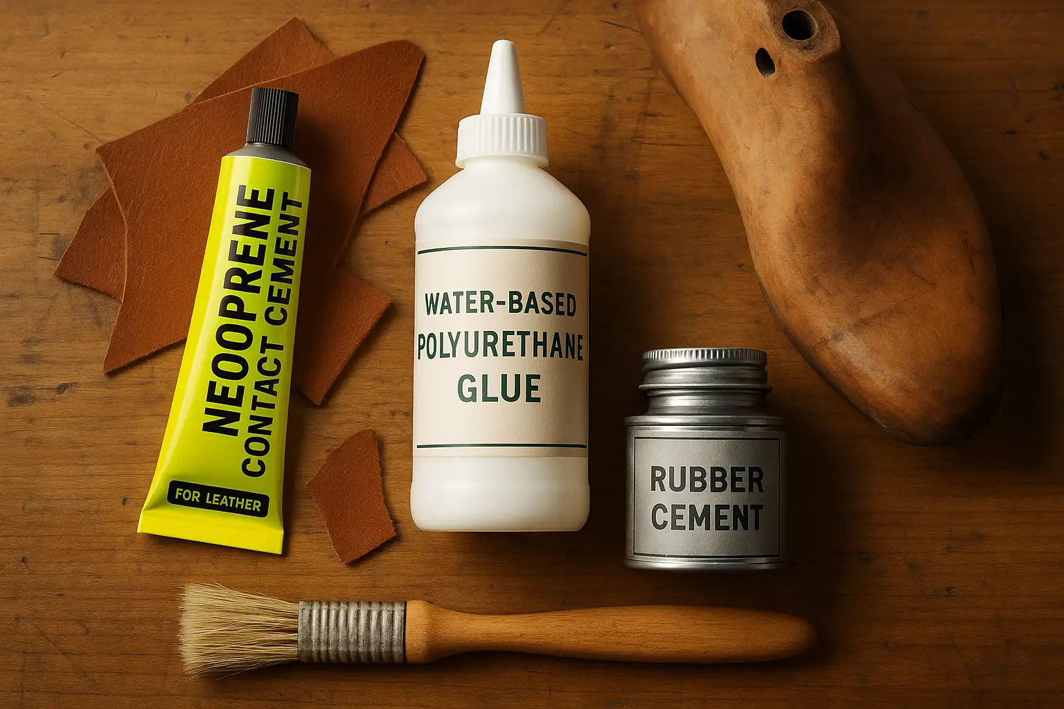 A variety of adhesive for leather products displayed on a wooden workbench, including a neoprene contact cement tube
