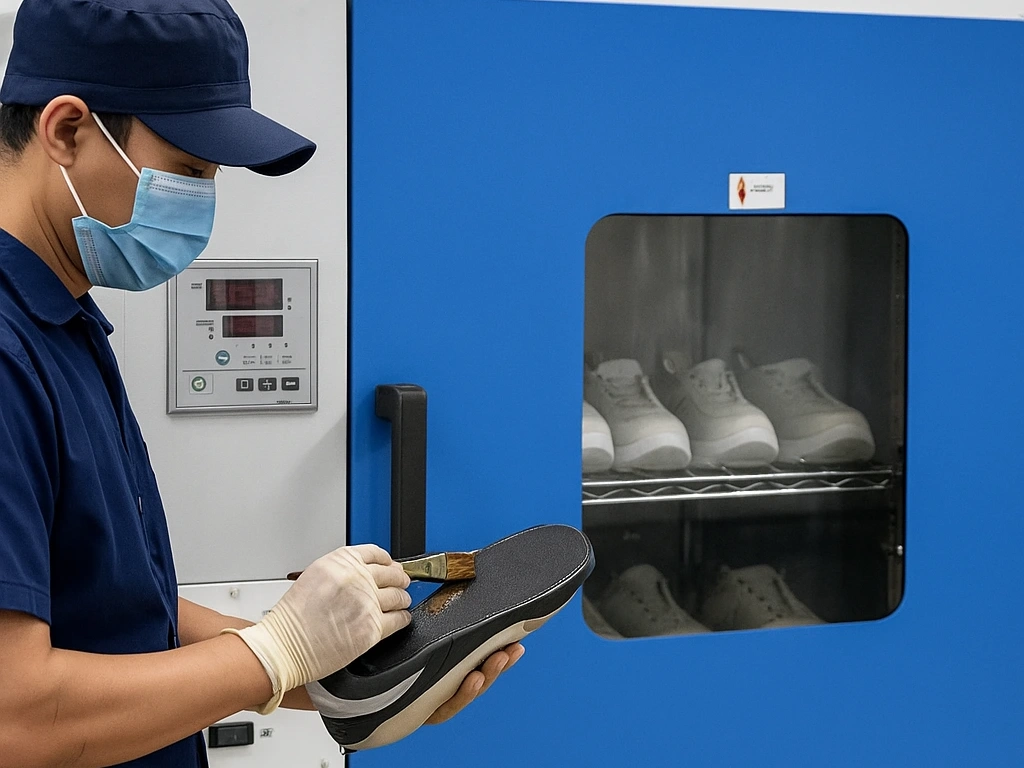 An employee applies Speed Up Shoe Adhesive to a shoe sole by hand, with shoes drying in a heat chamber behind them.