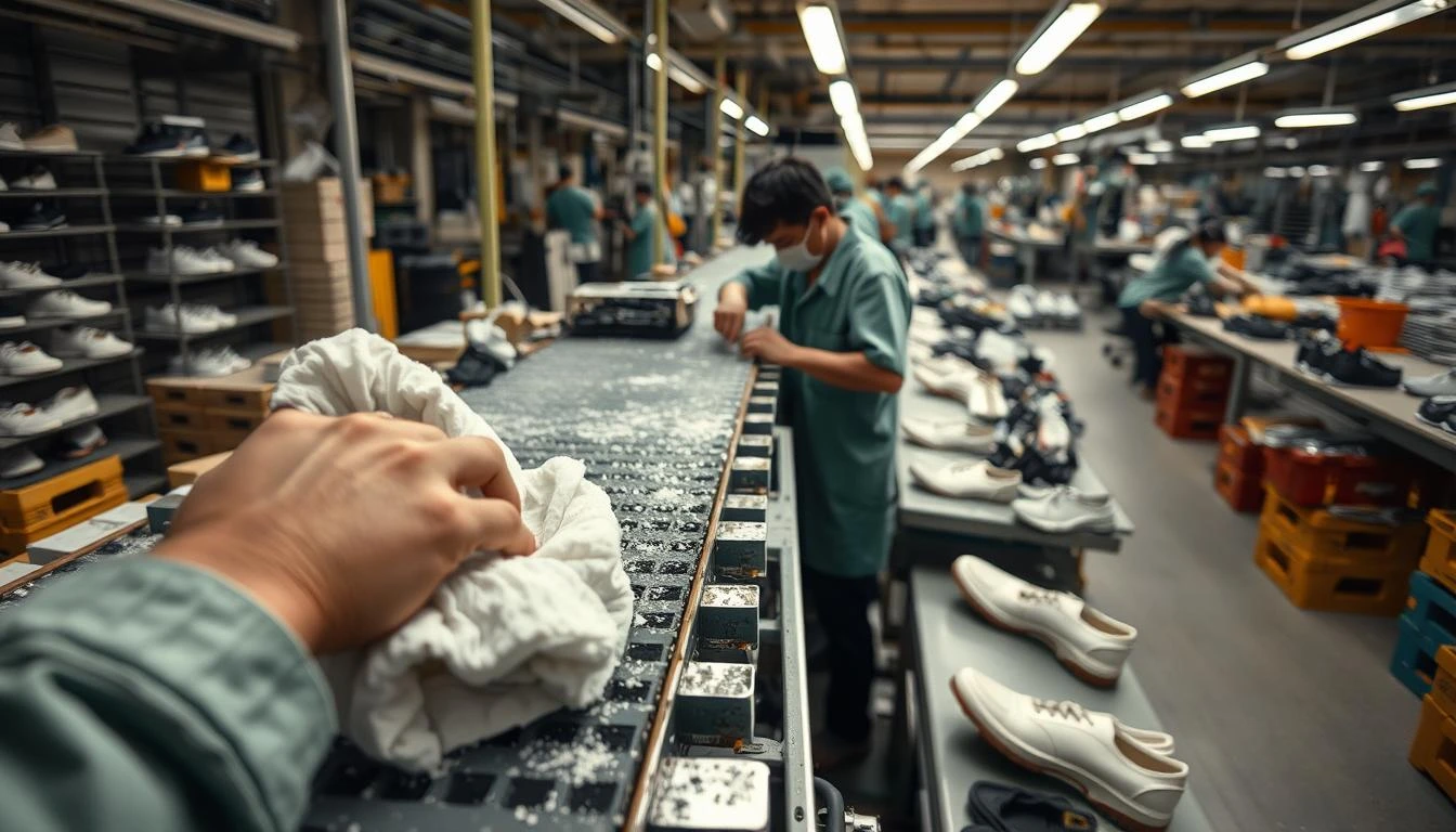 Cleaner for shoe manufacturing seen wiping the conveyor belt in a busy factory setting with workers processing shoes in the background.