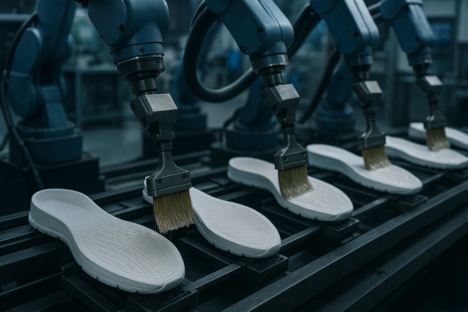 Robotic arms apply adhesive on shoe soles in a factory setting, reflecting advancements in automation and the history of shoe adhesive manufacturing.