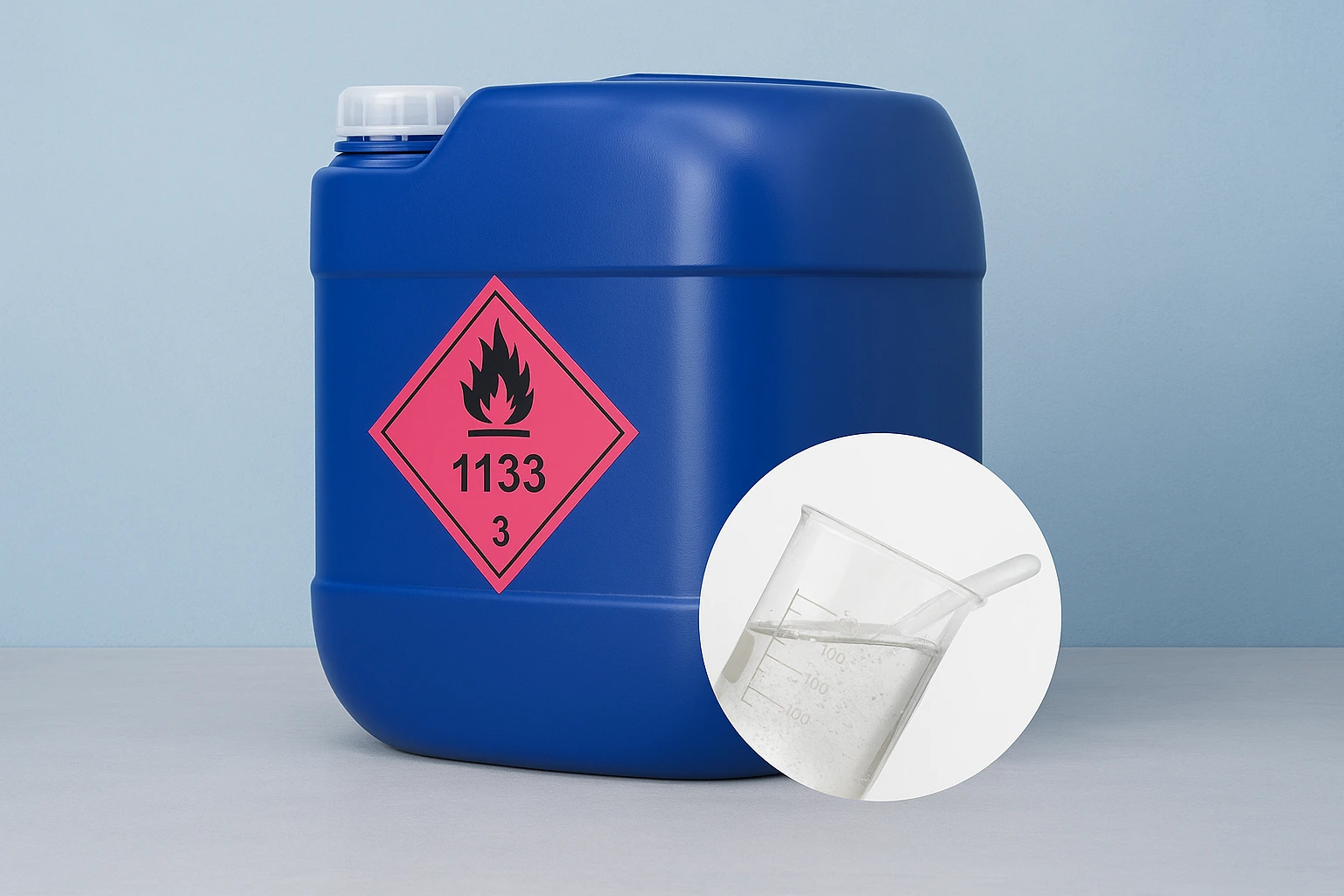 a blue adhesion promoter uv primer container with a pink hazardous material label indicating the presence of flammable substances