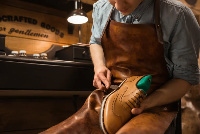 a shoemaker apply the water-based pu adhesive and shape the shoe with precision.