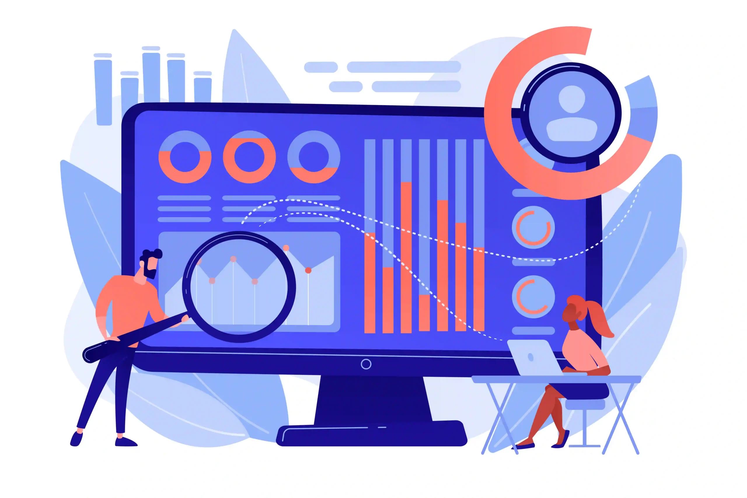 A man is teaching a woman how to do data analysis. The scene is in a cartoon style.