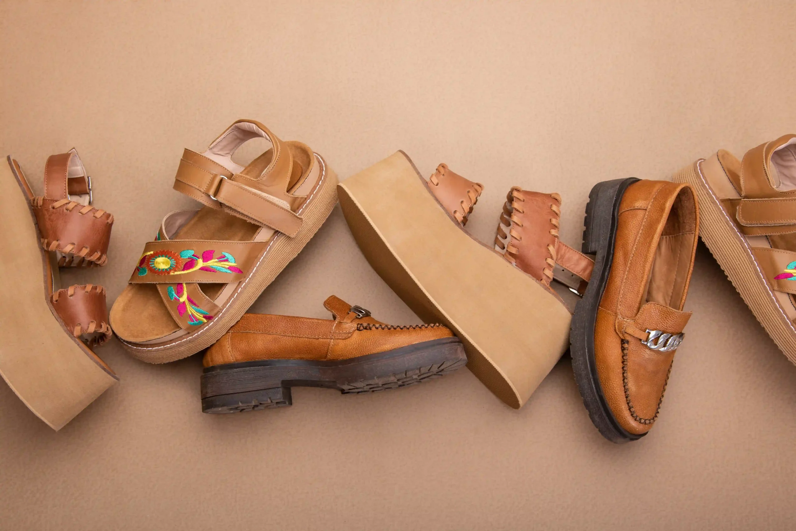 Artistically arranged row of shoes