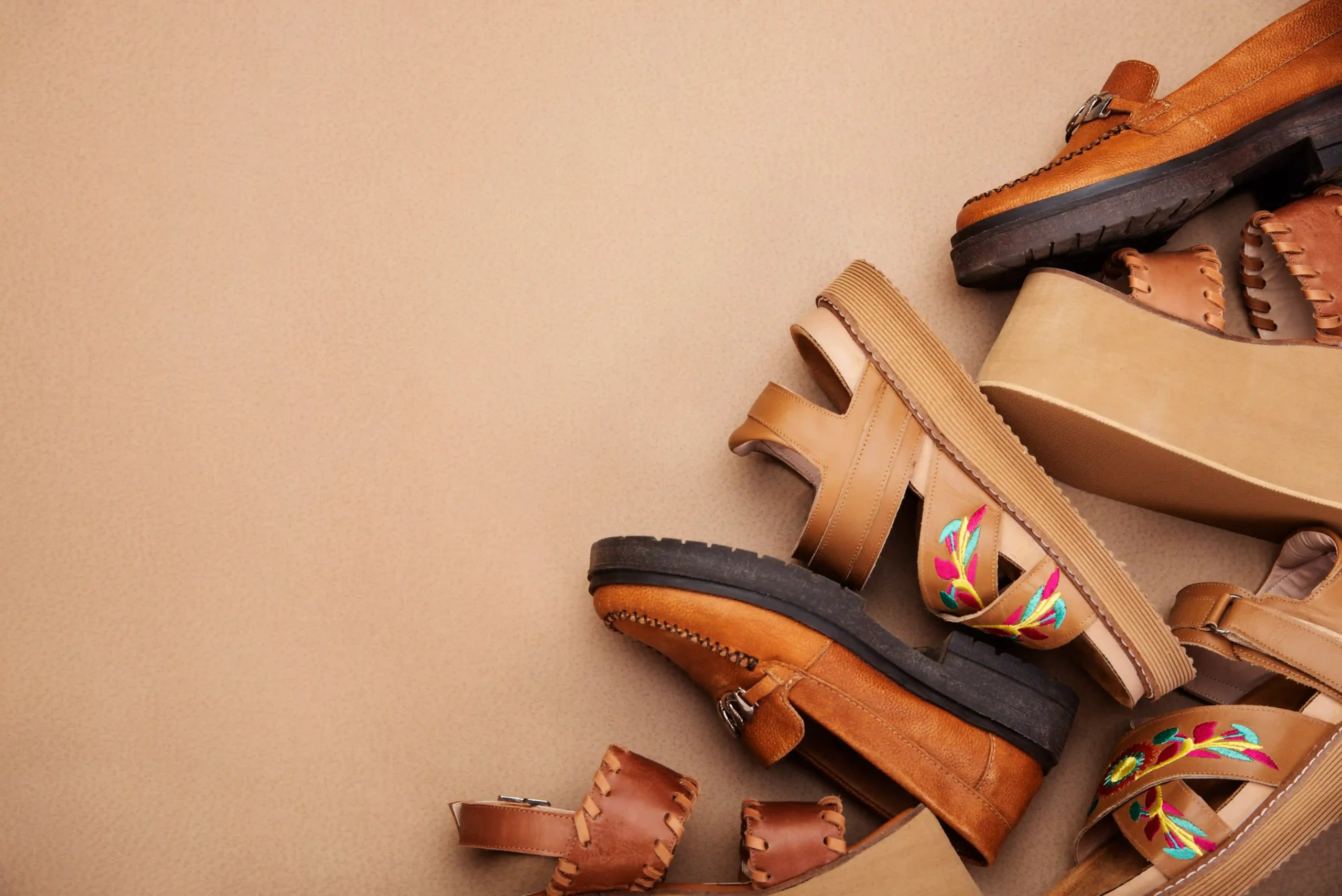 Artistically arranged row of shoes