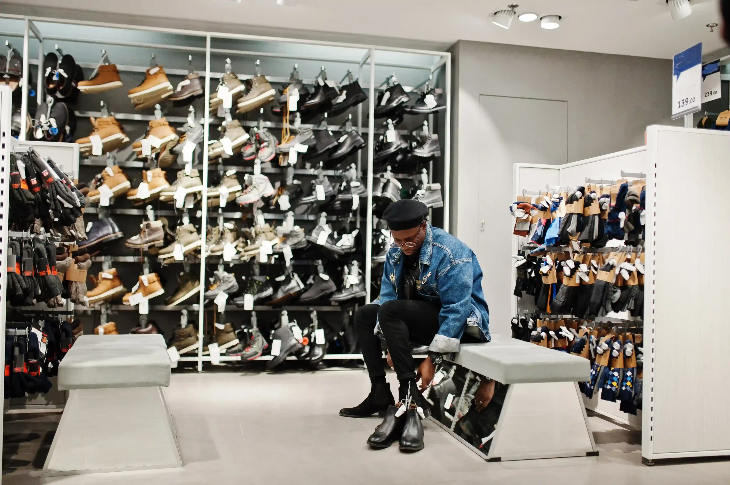 stylish-casual-african-american-man-jeans-jacket-black-beret-clothes-store-trying-new-footwear