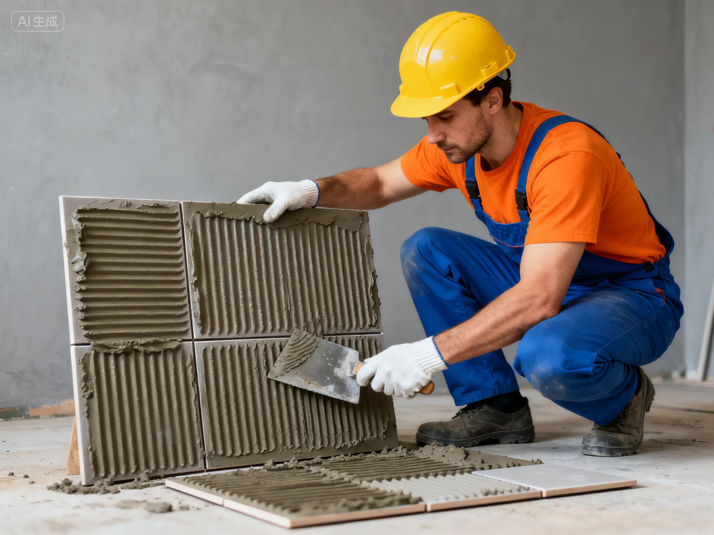 A worker is applying cement to the tiles.