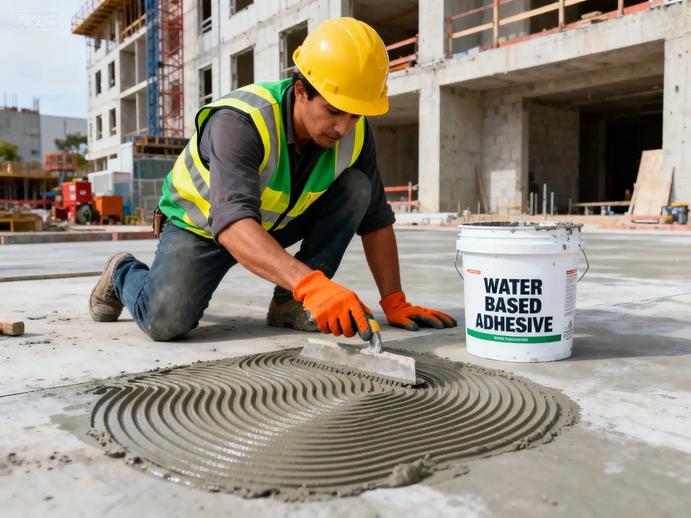 A worker is squatting down and using a shovel to level the cement on the ground.
