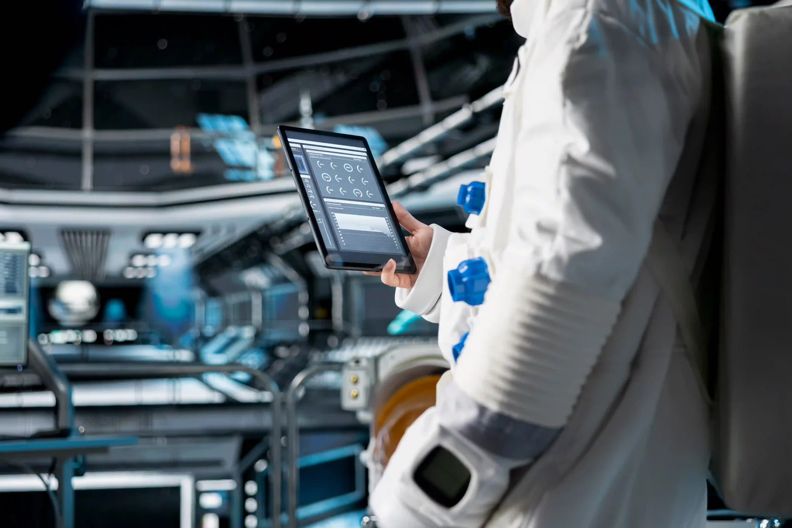 close up astronaut using tablet view spacecraft analytics