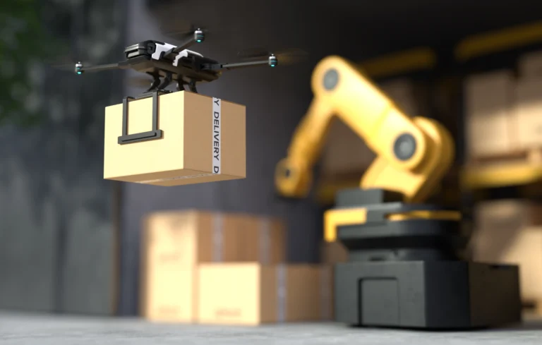 drone delivering goods city autonomous delivery robot business air transportation concept