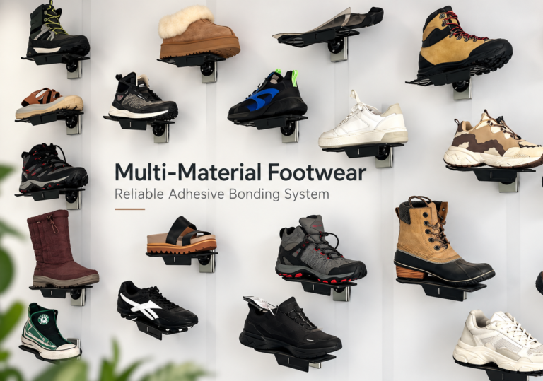 Multi-material footwear display wall showing different shoe structures for a reliable adhesive bonding system.