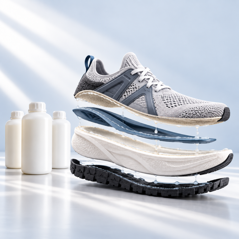 Exploded view of a multi-material athletic shoe showing textile, TPU, EVA foam, and rubber layers Multi-material footwear bonding system with textile upper, TPU support, EVA midsole, rubber outsole, and adhesive layers.